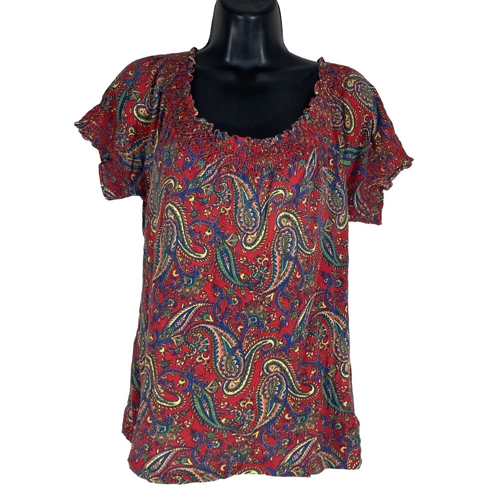 Ralph Lauren Blouse Top Womens Small Petite SP Red Paisley Off Shoulder Smocked